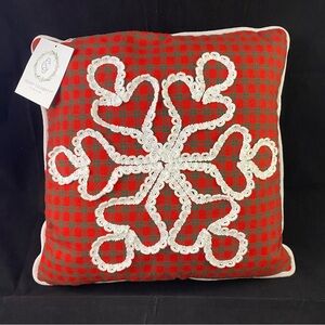 Secret Celebrity Red Plaid Throw Pillow Lace Snowflake 16”x16” Christmas Holiday
